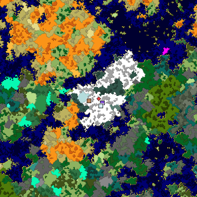 Predicted biome map of Java 1.16 seed 7843351139984724859 around estimated spawn