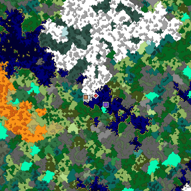 Predicted biome map of Java 1.16 seed 9081019245115549796 around estimated spawn