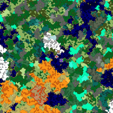 Predicted biome map of Java 1.16 seed 5851026485966439421 around estimated spawn