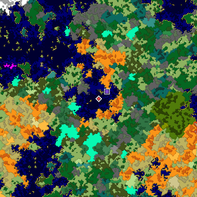 Predicted biome map of Java 1.16 seed -5057570101312548755 around estimated spawn