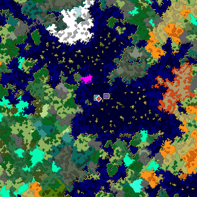 Predicted biome map of Java 1.16 seed -6796067188727819615 around estimated spawn