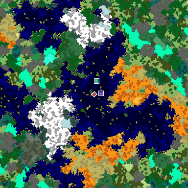 Predicted biome map of Java 1.16 seed 3055406532462281496 around estimated spawn