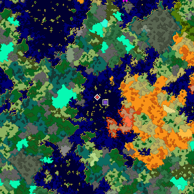 Predicted biome map of Java 1.16 seed -3257634125594186693 around estimated spawn