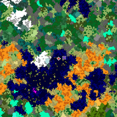 Predicted biome map of Java 1.16 seed -7965776582995526363 around estimated spawn