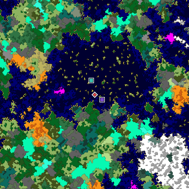 Predicted biome map of Java 1.16 seed -3842171179609081221 around estimated spawn