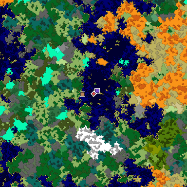 Predicted biome map of Java 1.16 seed -2890007898311678080 around estimated spawn