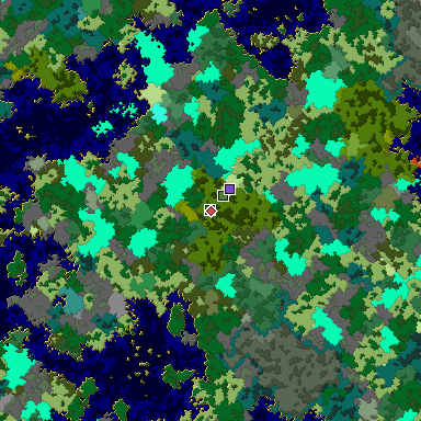 Predicted biome map of Java 1.16 seed 4383574592591943350 around estimated spawn