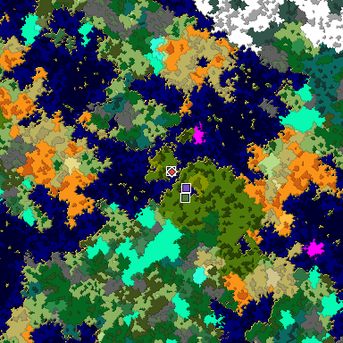 Predicted biome map of Java 1.16 seed -7414826248023007347 around estimated spawn