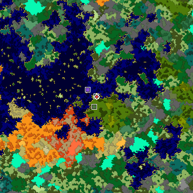 Predicted biome map of Java 1.16 seed 1698879492219749991 around estimated spawn