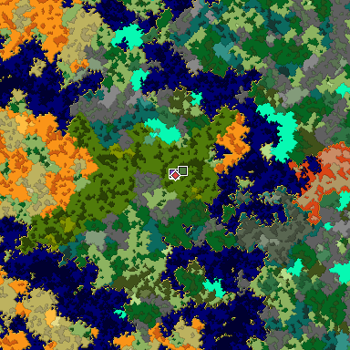 Predicted biome map of Java 1.16 seed 2742141534299989169 around estimated spawn