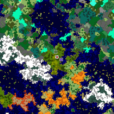 Predicted biome map of Java 1.16 seed 1107902135885580614 around estimated spawn