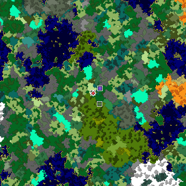 Predicted biome map of Java 1.16 seed -2344163814543230903 around estimated spawn