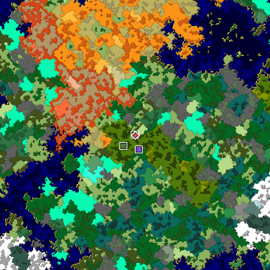 Predicted biome map of Java 1.16 seed 2966863744423670962 around estimated spawn