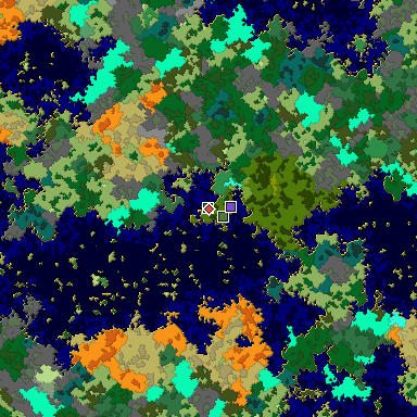 Predicted biome map of Java 1.16 seed -6167025322583567227 around estimated spawn