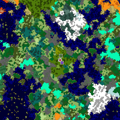 Predicted biome map of Java 1.16 seed 3185977469977318263 around estimated spawn
