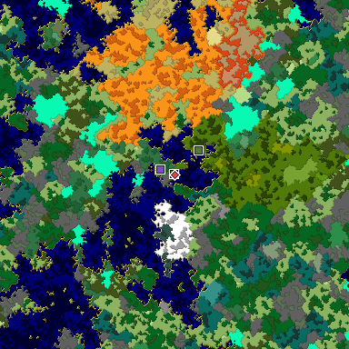Predicted biome map of Java 1.16 seed -85234777026368406 around estimated spawn