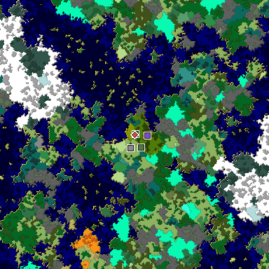 Predicted biome map of Java 1.16 seed 7847800460619555454 around estimated spawn