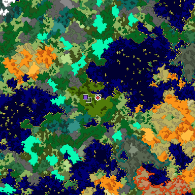 Predicted biome map of Java 1.16 seed 2265670356504004611 around estimated spawn