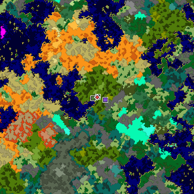 Predicted biome map of Java 1.16 seed -5835354214696639297 around estimated spawn