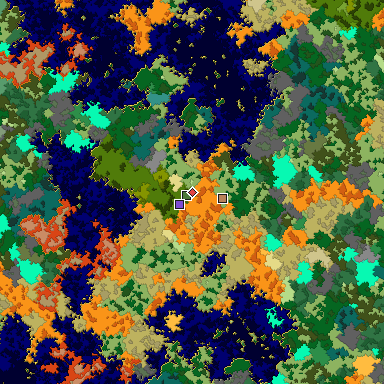 Predicted biome map of Java 1.16 seed -2516299100723644099 around estimated spawn