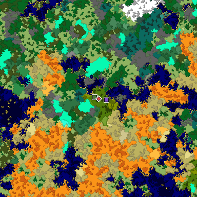 Predicted biome map of Java 1.16 seed 2567855977072191014 around estimated spawn