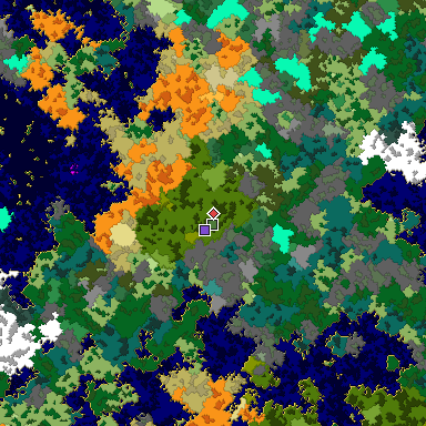 Predicted biome map of Java 1.16 seed 5072878160138555282 around estimated spawn