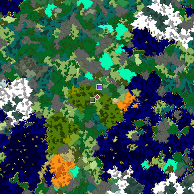 Predicted biome map of Java 1.16 seed -5612879961306855476 around estimated spawn