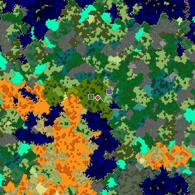 Predicted biome map of Java 1.16 seed 3567862222870243233 around estimated spawn