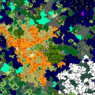 Predicted biome map of Java 1.16 seed -2380433427037304404 around estimated spawn