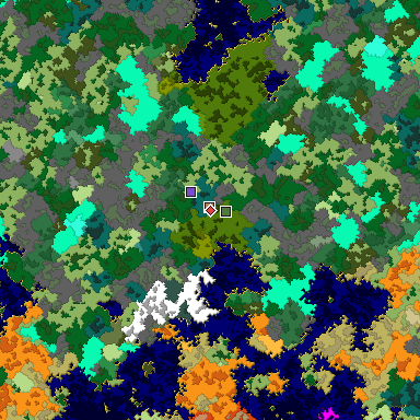 Predicted biome map of Java 1.16 seed -2799352423306553595 around estimated spawn