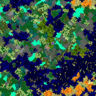 Predicted biome map of Java 1.16 seed 4725942863483315494 around estimated spawn