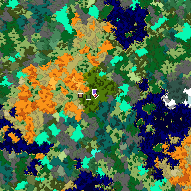 Predicted biome map of Java 1.16 seed -8761126683442670597 around estimated spawn