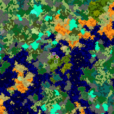 Predicted biome map of Java 1.16 seed -6567627042163606928 around estimated spawn