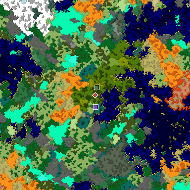 Predicted biome map of Java 1.16 seed 5396787829356276216 around estimated spawn