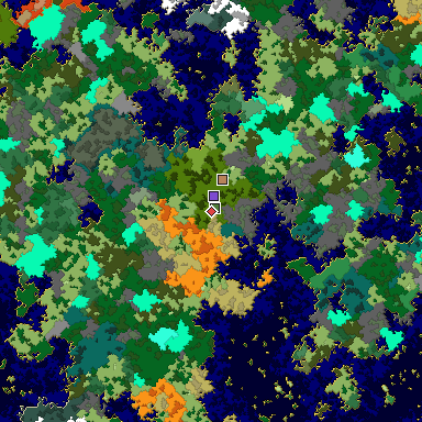 Predicted biome map of Java 1.16 seed -2701685786589644803 around estimated spawn