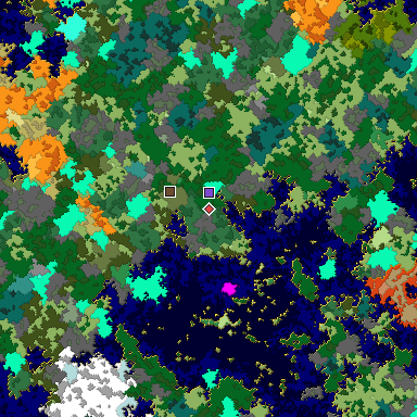 Predicted biome map of Java 1.16 seed 4975333308279593803 around estimated spawn