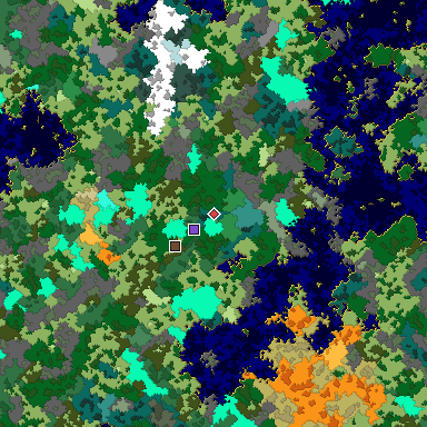 Predicted biome map of Java 1.16 seed 931803959465242884 around estimated spawn