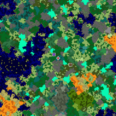 Predicted biome map of Java 1.16 seed -324953868897413667 around estimated spawn