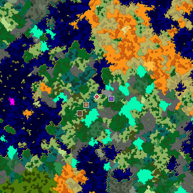 Predicted biome map of Java 1.16 seed 3501084394188718768 around estimated spawn