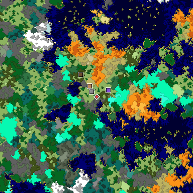 Predicted biome map of Java 1.16 seed -3022325056635221936 around estimated spawn