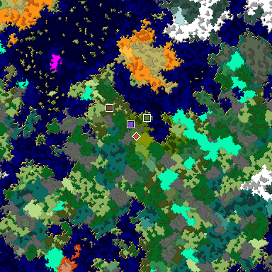 Predicted biome map of Java 1.16 seed 6694423188801153221 around estimated spawn