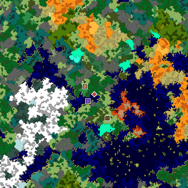 Predicted biome map of Java 1.16 seed 3087486275893780495 around estimated spawn