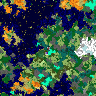 Predicted biome map of Java 1.16 seed 1979186195363495323 around estimated spawn