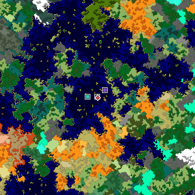 Predicted biome map of Java 1.16 seed -4062185516490937358 around estimated spawn