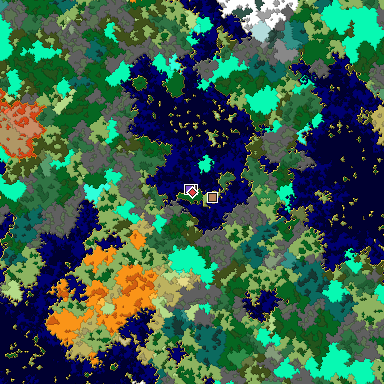 Predicted biome map of Java 1.16 seed -8291265132892678409 around estimated spawn