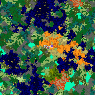 Predicted biome map of Java 1.16 seed 7721894085051301880 around estimated spawn