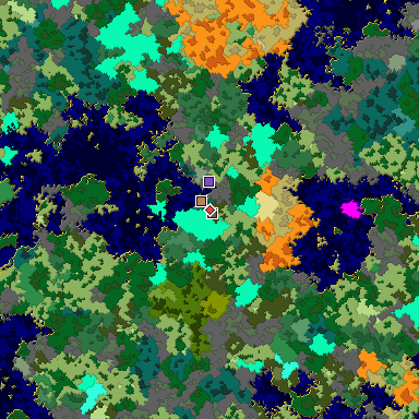 Predicted biome map of Java 1.16 seed 5899936989937640127 around estimated spawn