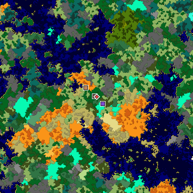 Predicted biome map of Java 1.16 seed -8885772308098191449 around estimated spawn