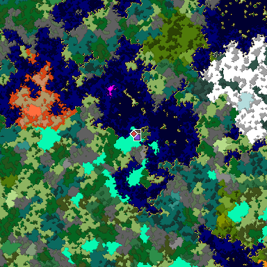 Predicted biome map of Java 1.16 seed 7394813608373476035 around estimated spawn
