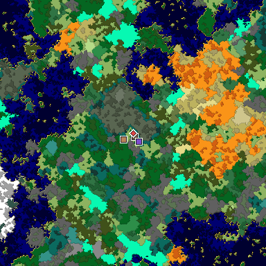 Predicted biome map of Java 1.16 seed -8885569805914439583 around estimated spawn